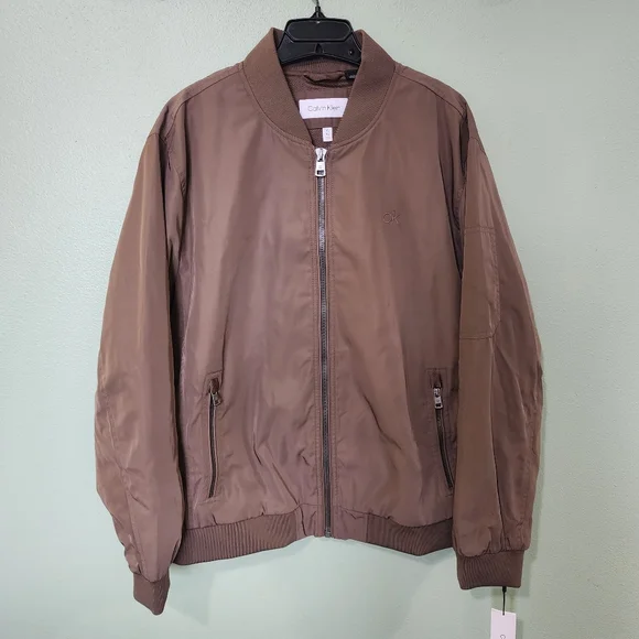 ❗️NWT❗️Men's Calvin Klein Zip Front Bomber Jacket Dark Tan Size XL
